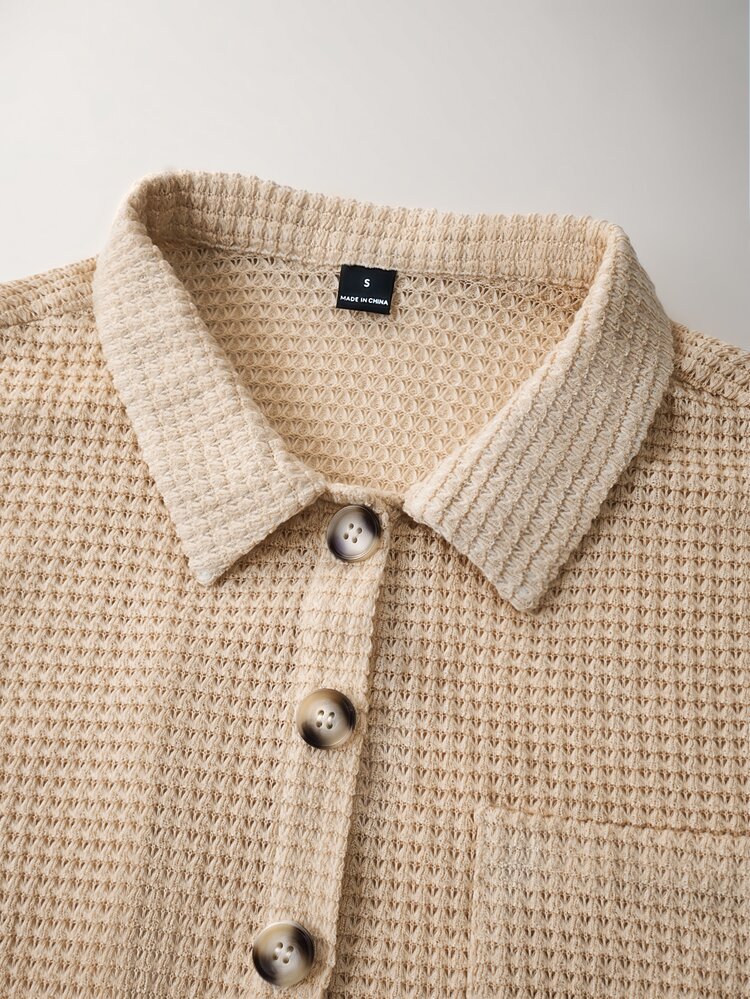 Holdful Holdful 女款秋季純色落肩長袖單排扣休閒口袋襯衫 - 杏色 - 查看 6