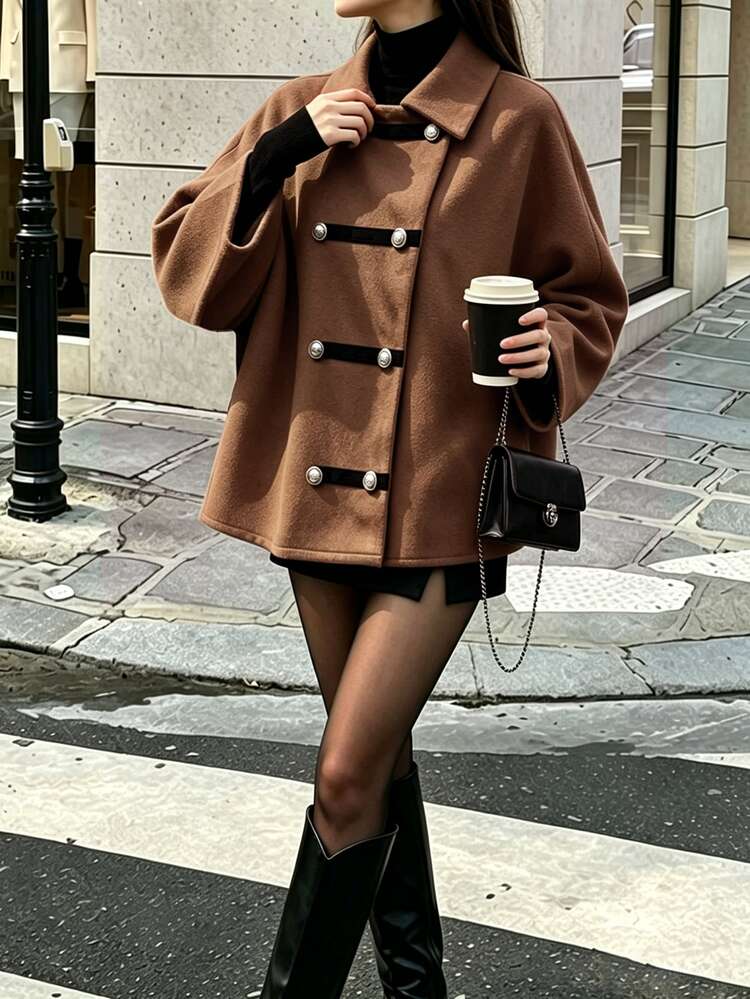SHEIN PariChic 2026 Brown Striped Color Lapel Contrast Tape Double-Breasted Short Overcoat Women Autumn/Winter Loose Commute Everyday Wool Jacket French Elegant - Brown - View 4