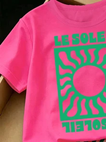 SHEIN Sparklyn Back To School Young Girl Fresh Vintage Red & Green Swirl Letter Print Basic Short T-Shirt + White & Green Vertical Striped Wide Leg Pants Set - Multicolor - View 7