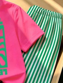 SHEIN Sparklyn Back To School Young Girl Fresh Vintage Red & Green Swirl Letter Print Basic Short T-Shirt + White & Green Vertical Striped Wide Leg Pants Set - Multicolor - View 6