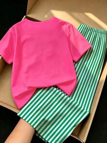 SHEIN Sparklyn Back To School Young Girl Fresh Vintage Red & Green Swirl Letter Print Basic Short T-Shirt + White & Green Vertical Striped Wide Leg Pants Set - Multicolor - View 3