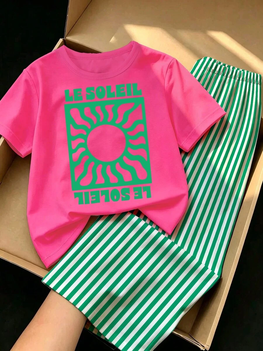 SHEIN Sparklyn Back To School Young Girl Fresh Vintage Red & Green Swirl Letter Print Basic Short T-Shirt + White & Green Vertical Striped Wide Leg Pants Set