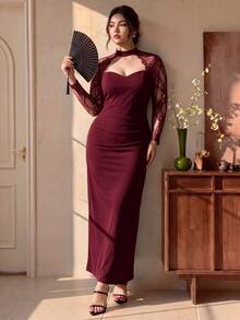 EastFlair Gaun Elegan Pas Badan dengan Desain Potongan Renda Kontras untuk Wanita Ukuran Plus, Cocok untuk Musim Gugur - Burgundy - View 2