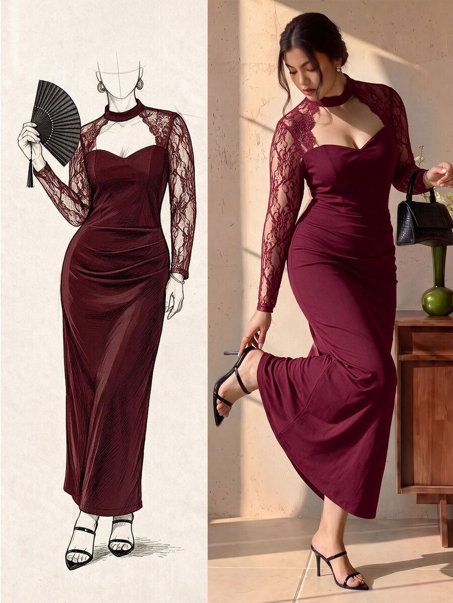 EastFlair Gaun Elegan Pas Badan dengan Desain Potongan Renda Kontras untuk Wanita Ukuran Plus, Cocok untuk Musim Gugur - Burgundy - View 1