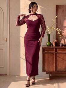 EastFlair Gaun Elegan Pas Badan dengan Desain Potongan Renda Kontras untuk Wanita Ukuran Plus, Cocok untuk Musim Gugur - Burgundy - View 5