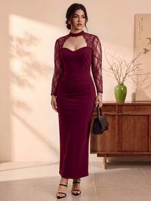 EastFlair Gaun Elegan Pas Badan dengan Desain Potongan Renda Kontras untuk Wanita Ukuran Plus, Cocok untuk Musim Gugur - Burgundy - View 4
