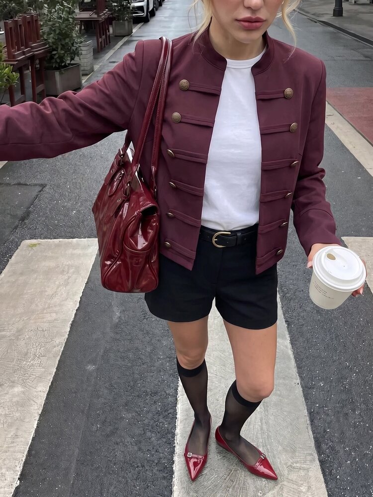 Omancia 女款純色休閒優雅百搭日常穿著長袖夾克 日間辦公 玫瑰金 秋季 - 酒紅色 - 查看 5