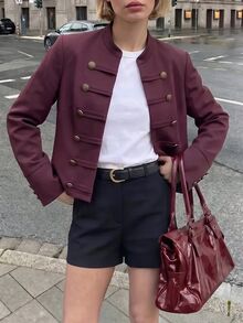 Omancia 女款純色休閒優雅百搭日常穿著長袖夾克 日間辦公 玫瑰金 秋季 - 酒紅色 - 查看 4