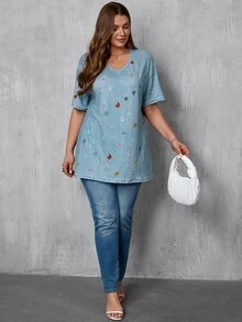 EMERY ROSE Plus Size Summer Casual Rhinestone Print Loose V-Neck T-Shirt - Multicolor - View 4