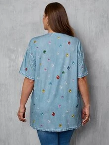EMERY ROSE Plus Size Summer Casual Rhinestone Print Loose V-Neck T-Shirt - Multicolor - View 2