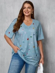 EMERY ROSE Plus Size Summer Casual Rhinestone Print Loose V-Neck T-Shirt - Multicolor - View 1