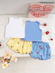 SHEIN Genkimix Kids 4pcs/Set Young Girl Sweet Cherry Lemon Print Camisole,Plaid Ruffle Hem Shorts,Summer Family Vacation Style Suitable For Beach 7th Birthday White Baby - Multicolor - View 3