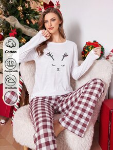 SHEIN طقم ملابس نوم نسائي لطيف بطبعة وجه الرنة وأكمام طويلة مع بنطال بيجامة مربعات - أبيض - مشاهدة 6