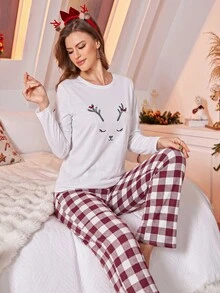 SHEIN طقم ملابس نوم نسائي لطيف بطبعة وجه الرنة وأكمام طويلة مع بنطال بيجامة مربعات - أبيض - مشاهدة 5
