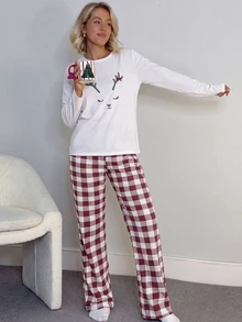 SHEIN طقم ملابس نوم نسائي لطيف بطبعة وجه الرنة وأكمام طويلة مع بنطال بيجامة مربعات - أبيض - مشاهدة 7