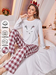 SHEIN طقم ملابس نوم نسائي لطيف بطبعة وجه الرنة وأكمام طويلة مع بنطال بيجامة مربعات - أبيض - مشاهدة 2