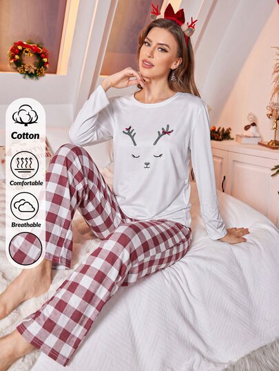 SHEIN Women's Cute Reindeer Face Print Long Sleeve Top & Plaid Pajama Pants Set
