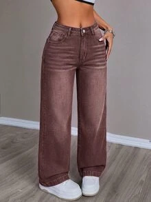 SHEIN PETITE 女款寬腿鬆垮休閒街頭風百搭牛仔褲，附口袋，日常穿搭，灰藍色，秋季 - 棕色 - 查看 6