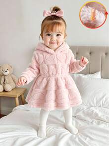 SHEIN Baby Girls Casual Cute Fun Warm Thick Fleece Hooded Dress, Suitable For Autumn/Winter Outings - Pink - View 8