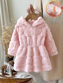 SHEIN Baby Girls Casual Cute Fun Warm Thick Fleece Hooded Dress, Suitable For Autumn/Winter Outings - Pink - View 7
