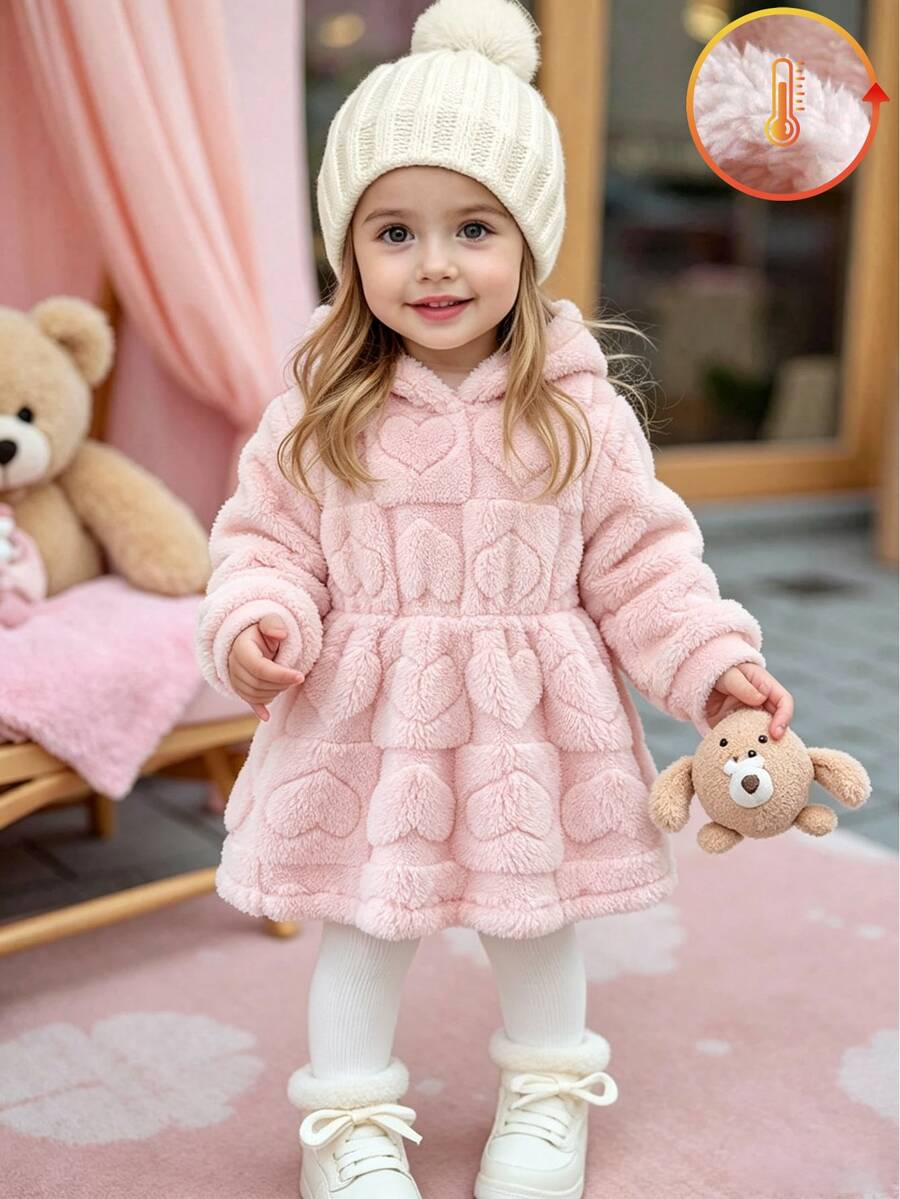 SHEIN Baby Girls Casual Cute Fun Warm Thick Fleece Hooded Dress, Suitable For Autumn/Winter Outings - Pink - View 1