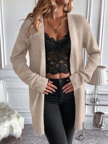EMERY ROSE Women's Solid Color Long Sleeve Cardigan, Minimalist Casual Daily Wear Fall Winter Cloth For Women - Apricot - View 6