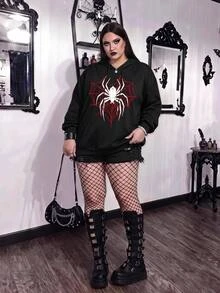 SHEIN CURVE+ 大尺碼 22W 休閒極簡風蜘蛛印花大尺碼運動衫，適合秋冬萬聖節 - 黑色 - 查看 4