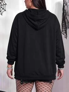 SHEIN CURVE+ 大尺碼 22W 休閒極簡風蜘蛛印花大尺碼運動衫，適合秋冬萬聖節 - 黑色 - 查看 1