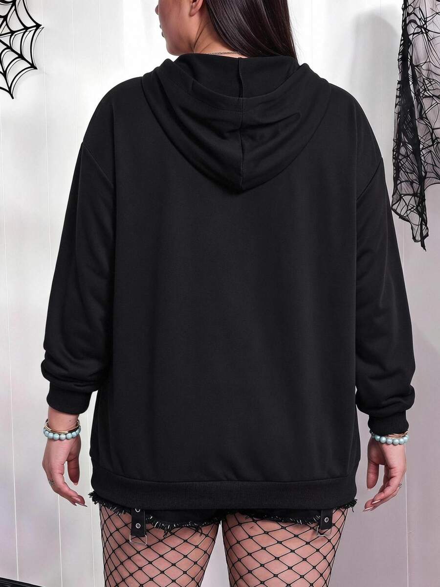 SHEIN CURVE+ 大尺碼 22W 休閒極簡風蜘蛛印花大尺碼運動衫,適合秋冬萬聖節 - 黑色 - 查看 1
