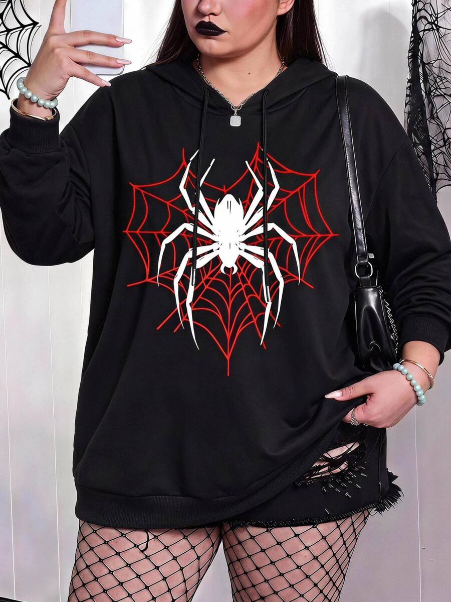 SHEIN CURVE+ Plus Size Dress 22W Casual Minimalist Plus Size Spider Print Sweatshirt, Suitable For Autumn/Winter Halloween - Black - View 1