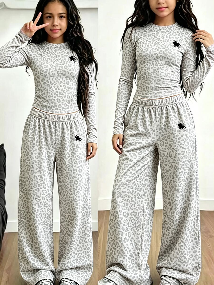 (1 Set) Baju Anak Perempuan Besar Motif Kuda Poni Abu-abu Motif Leopard Lengan Panjang & Celana Panjang Lebar untuk Musim Gugur - MultiWarna - View 1
