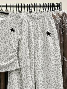 (1 Set) Baju Anak Perempuan Besar Motif Kuda Poni Abu-abu Motif Leopard Lengan Panjang & Celana Panjang Lebar untuk Musim Gugur - MultiWarna - View 5