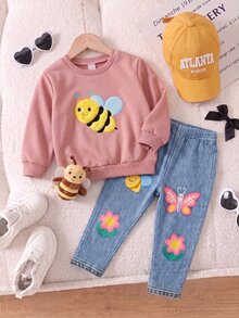 SHEIN Baby Girl Embroidered Long Sleeve Sweatshirt And Cartoon Print Long Autumn Winter Pants Set - Pink - View 3