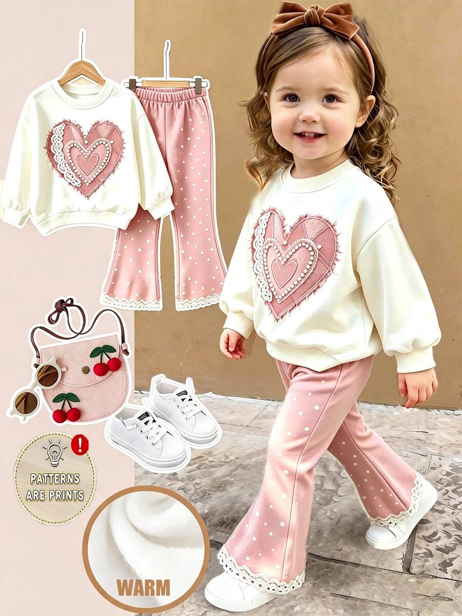 SHEIN Vintaside Kids 嬰兒與幼兒甜美藍白運動衫套裝,可愛女孩幾何愛心印花,休閒舒適柔軟圓領長袖運動衫與內搭褲,適合秋冬日常穿著 - 彩色 - 查看 1