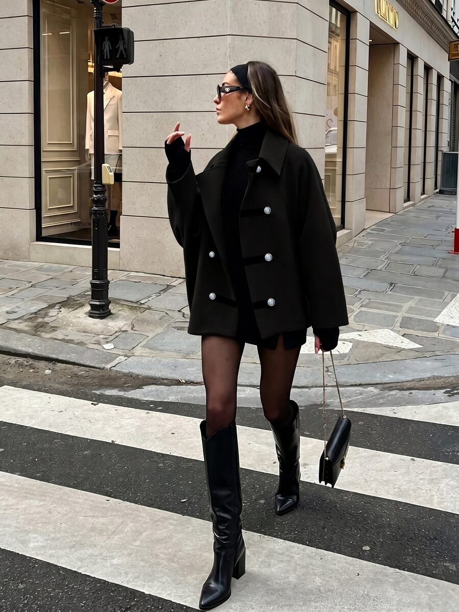 SHEIN PariChic 2026 New Camel Color Lapel Contrast Tape Double-Breasted Short Overcoat Women Autumn/Winter New Loose Commute Double-Faced Wool Jacket - Black - View 1