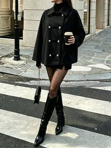 SHEIN PariChic 2026 New Camel Color Lapel Contrast Tape Double-Breasted Short Overcoat Women Autumn/Winter New Loose Commute Double-Faced Wool Jacket - Black - View 4