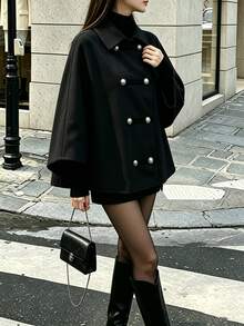SHEIN PariChic 2026 New Camel Color Lapel Contrast Tape Double-Breasted Short Overcoat Women Autumn/Winter New Loose Commute Double-Faced Wool Jacket - Black - View 5