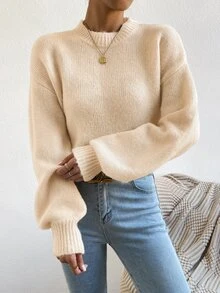 SHEIN 女款秋冬新款奶油色圓領針織毛衣，優雅簡約寬鬆落肩燈籠袖套頭衫，適合日常穿著、通勤、休閒 - 杏色 - 查看 7