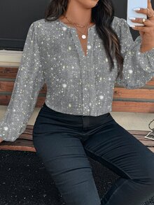 EMERY ROSE 大码女式亮面V领长袖优雅衬衫 - 彩色 - 查看 4