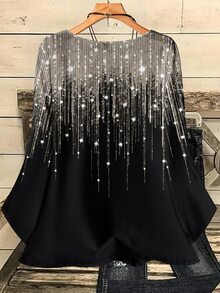 EMERY ROSE Plus Size Women's Autumn/Winter Romantic Casual Full Print Christmas Atmosphere Silver Glitter Pattern Printed Round Neck Loose 3/4 Sleeve Blouse, Black Blouse, Date - Black - View 4