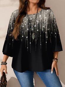 EMERY ROSE Plus Size Women's Autumn/Winter Romantic Casual Full Print Christmas Atmosphere Silver Glitter Pattern Printed Round Neck Loose 3/4 Sleeve Blouse, Black Blouse, Date - Black - View 1