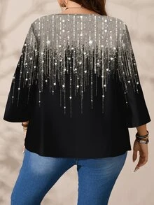 EMERY ROSE Plus Size Women's Autumn/Winter Romantic Casual Full Print Christmas Atmosphere Silver Glitter Pattern Printed Round Neck Loose 3/4 Sleeve Blouse, Black Blouse, Date - Black - View 6