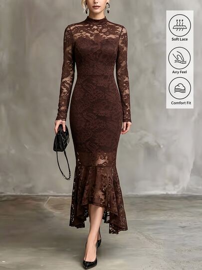 Wandoria American Vintage High Neck Hollow Lace Long Sleeve Bodycon Slimming Bodycon Asymmetrical Hem Fishtail Midi Dress For Commute And Evening Party