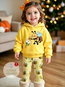 1 Set Baby Girls Fall Outfits Cartoon Bee & Flower Print Hoodie With Yellow Striped Leggings, Fall Clothes - Multicolor - View 3