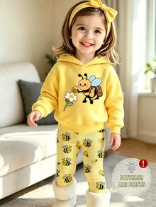 1 Set Baby Girls Fall Outfits Cartoon Bee & Flower Print Hoodie With Yellow Striped Leggings, Fall Clothes - Multicolor - View 4