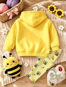 1 Set Baby Girls Fall Outfits Cartoon Bee & Flower Print Hoodie With Yellow Striped Leggings, Fall Clothes - Multicolor - View 2