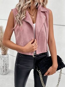 SHEIN Women's Autumn/Winter Casual Solid Color Minimalist Lapel Short Sleeveless Jacket, Suitable For Daily Wear, Commuting Elegant - Pink - View 7