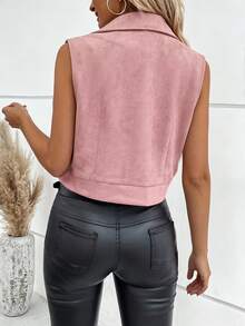 SHEIN Women's Autumn/Winter Casual Solid Color Minimalist Lapel Short Sleeveless Jacket, Suitable For Daily Wear, Commuting Elegant - Pink - View 2