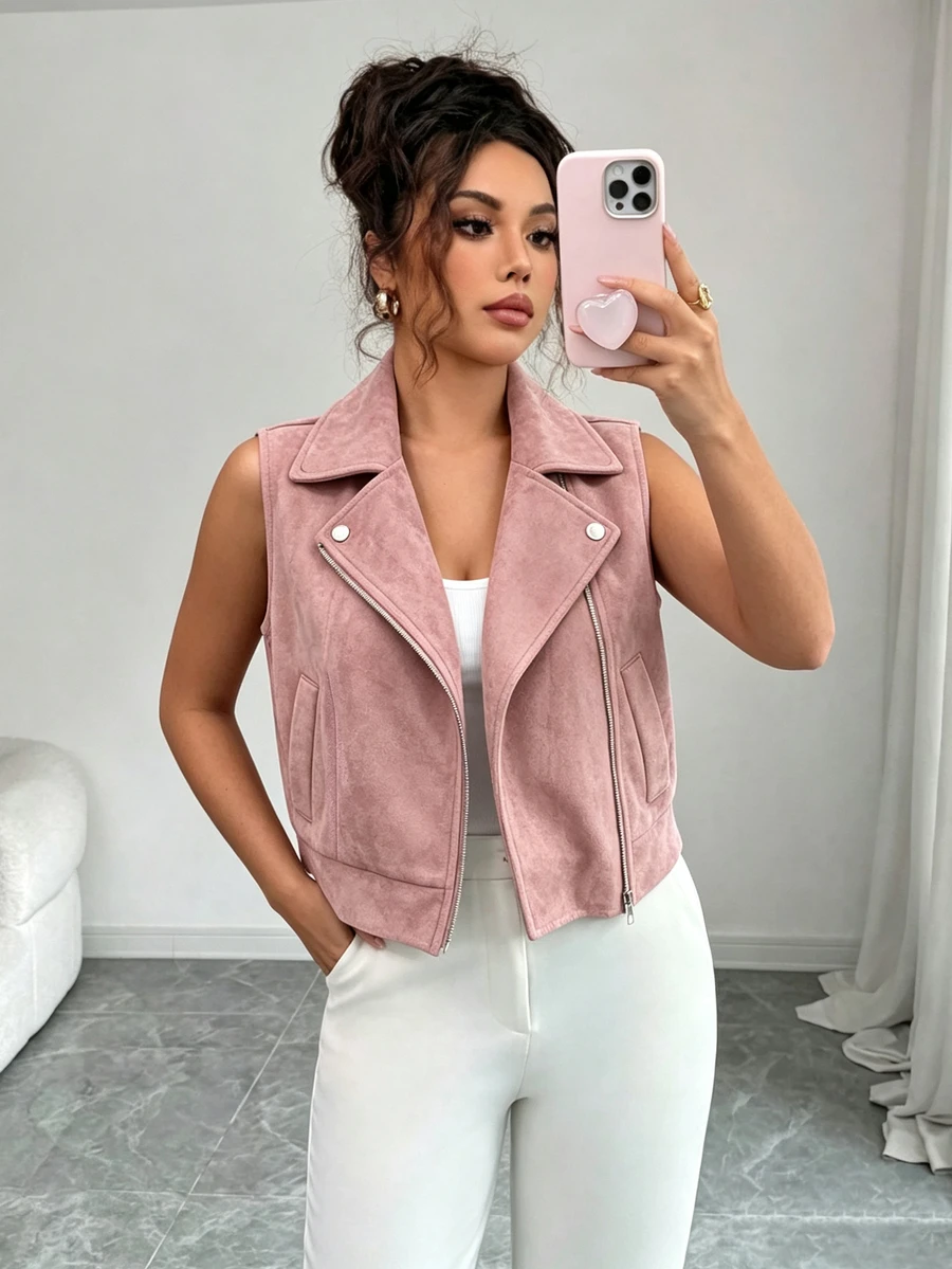 SHEIN Women's Autumn/Winter Casual Solid Color Minimalist Lapel Short Sleeveless Jacket, Suitable For Daily Wear, Commuting Elegant - Pink - View 1