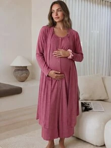 Slowluna Solid Color Long Sleeve Outer Robe And Flutter Sleeve Dress Clothing - Pink - View 8
